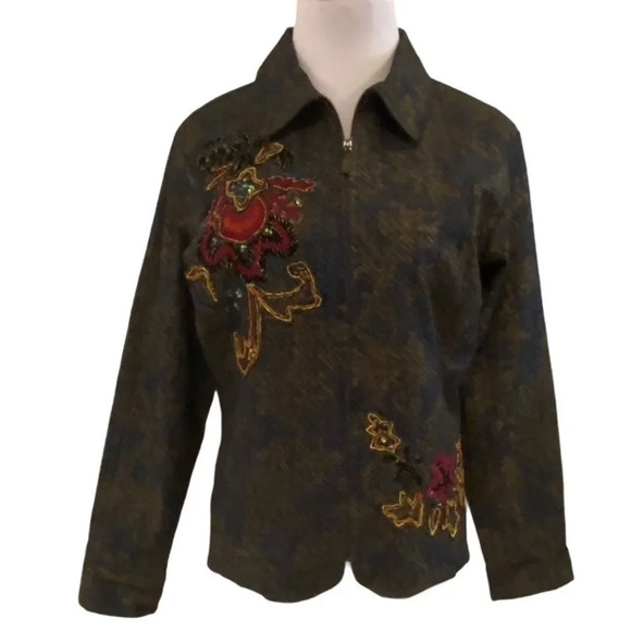 Chico’s Mottled Stretch Denim Jacket Sequin Floral - Picture 1 of 11
